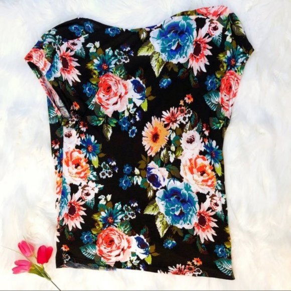 H&M Deep V Draped Short Sleeve Blouse Floral Top - Picture 2 of 8